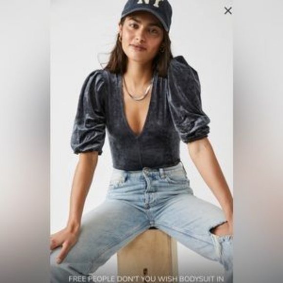 Free People Teal and/or Silver Don't You Wish Velvet Bodysuit (Large/US10/US12) - Picture 14 of 14